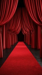 Fototapeta premium Elegant red curtains frame a luxurious red carpet leading to a darkened entrance in a grand venue