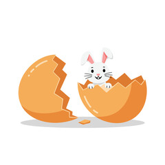 Fototapeta premium Cute rabbit emerging from cracked egg in flat vector illustration
