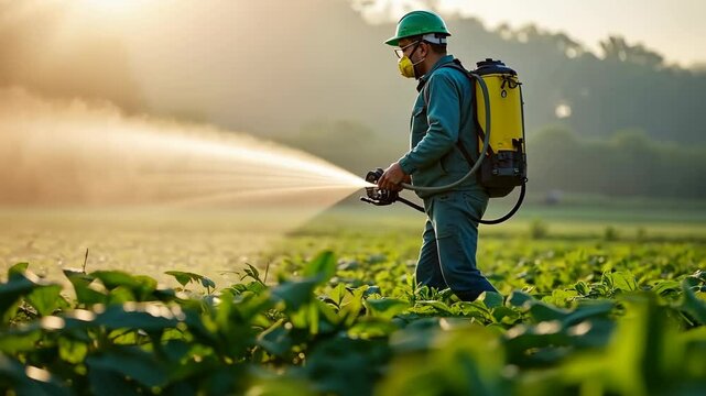 Person in protective gear spraying agricultural pesticides on green crops in bright outdoor farmland setting.
