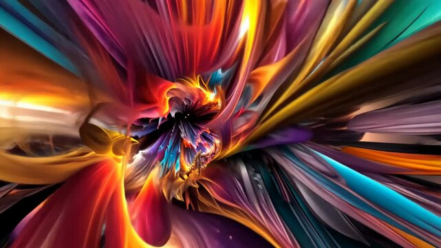 Colorful abstract digital artwork with dynamic motion effect and vibrant swirling shapes. Concept of imagination and creative expression in virtual space