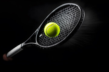 A tennis racket with a tennis ball on it