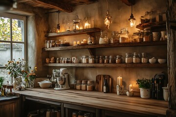Fototapeta premium Rustic Farmhouse Kitchen with Wooden Shelves and Vintage Decor