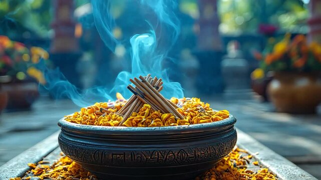 Incense sticks placed in a decorative pot with marigold flowers and blue smoke rising, representing Chhath Puja preparation.
