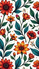 Intricate line art, diverse flowers & leaves, seamless pattern, geometric, invitation