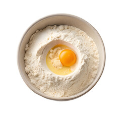 Bowl with flour and egg yolk isolated on white background.