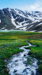 Obraz premium mountain stream flows from the mountain into the emerald-turquoise mountain glacial lake Syltrankel in summer. Elbrus National Park.