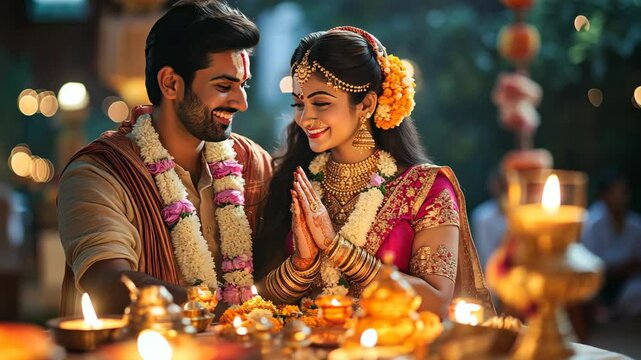 Indian couple dressed in festive attire sits in prayer together, surrounded by lights and offerings during Karva Chauth evening.
