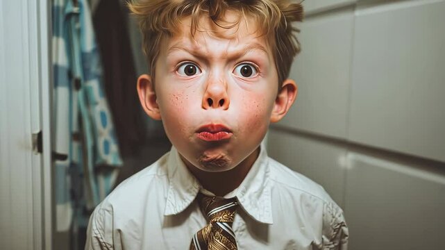 Young boy puffing cheeks and widening eyes for a funny and exaggerated expression in playful innocence.
