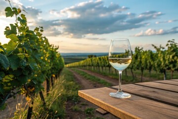 Enjoying White Wine in a Vineyard at Sunset Generative AI