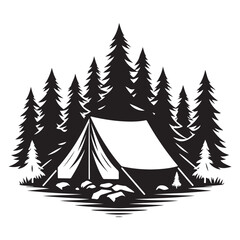 Camp Tent among Forest Trees Silhouette Vector Graphic Art