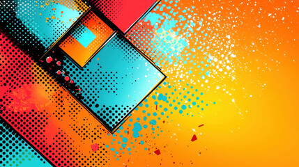 Bright and vibrant abstract design featuring geometric shapes in red, blue, and orange hues, with playful splash of color and dotted patterns creating dynamic visual effect