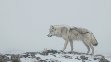 Obraz premium Arctic Wolf Walking Across Snowy Ridge in Cold Winter Landscape