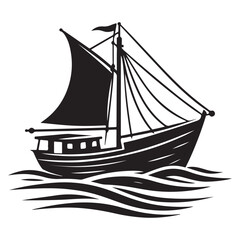 Fishing Boat Silhouette on the Sea Voyage Nautical Illustration