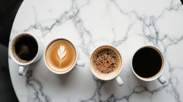 Top view of different coffee types in cups on white marble background including cappuccino and espresso. Concept of coffee variety and aesthetic minimalism