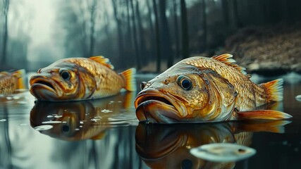Lifeless fish float in murky, polluted water within a forest, highlighting the environmental damage caused by water contamination.
