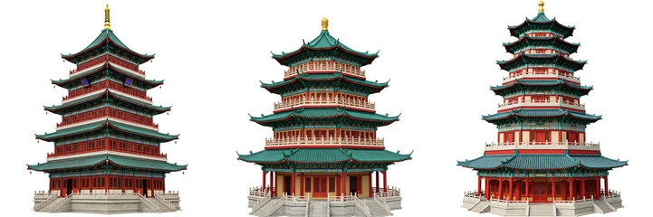 Traditional Chinese Pagoda Temple Architecture Set On Transparent Background

