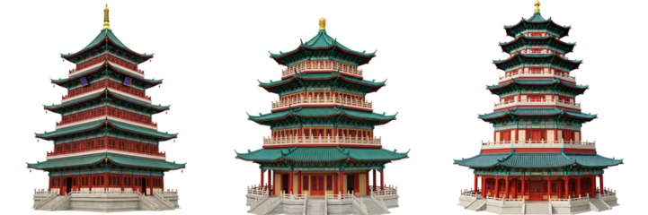 Traditional Chinese Pagoda Temple Architecture Set On Transparent Background

