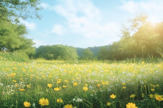Bright spring meadow filled with yellow and white wildflowers under soft morning sunlight, surrounded by green trees and distant hills.