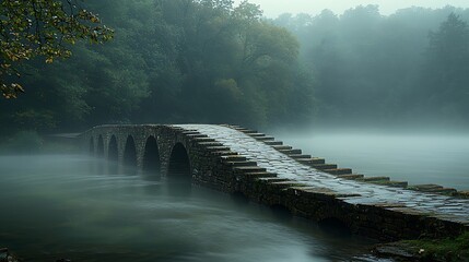 A stone bridge arching over a turbulent river, representing stability and connection during adversity, misty morning light, landscape perspective with balanced composition
