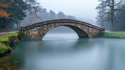 A stone bridge arching over a turbulent river, representing stability and connection during adversity, misty morning light, landscape perspective with balanced composition