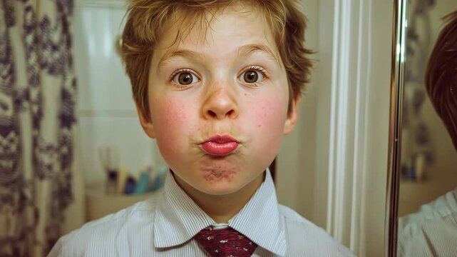 Young boy puffing cheeks and crossing eyes in a goofy, lighthearted moment full of childhood fun.
