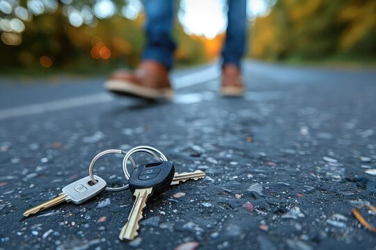 A lost keys on the street and a blurred crowd of people on a city street. A moment captured: lost keys amidst the city's lively crowd.
