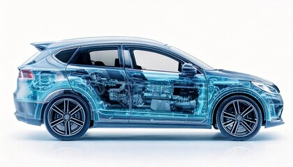X-Ray style transparent render of a modern hybrid car, side view