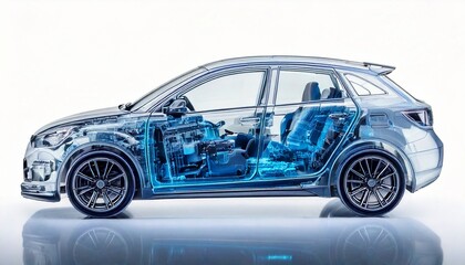 X-Ray style transparent render of a modern hybrid car, side view