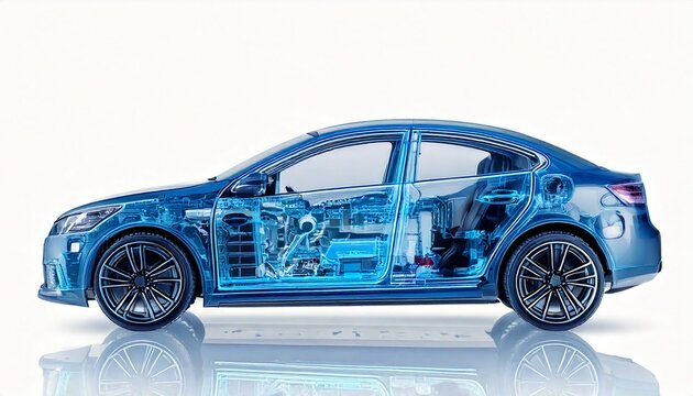 X-Ray style transparent render of a modern hybrid car, side view