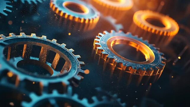 Intricate gears turning with orange light, demonstrating precision engineering and innovation