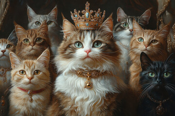 Group of cats wearing crowns painted in vibrant colors, sitting together in regal poses, against a whimsical background of flowers and stars.