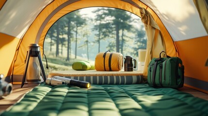 Camping Tent Interior: Sunrise View, Gear and Comfort