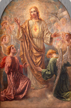Pavia - The painting of Heart of Jesus among the angels in the Cathedral by Emilio Volonterio from 20. cent.