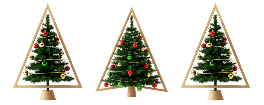 Modern Christmas Trees in Wooden Triangle Frames On Transparent Background

