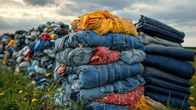 Large bundles of compressed used clothing piled on roadside or open ground for resale or recycling.

