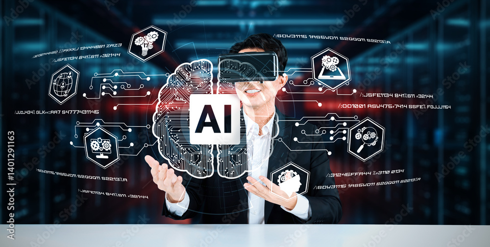 Poster business man with goggles working while using ai technology. project manager with formal suit checki