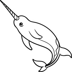 Cartoon Illustration of a Narwhal Underwater in Black and White

