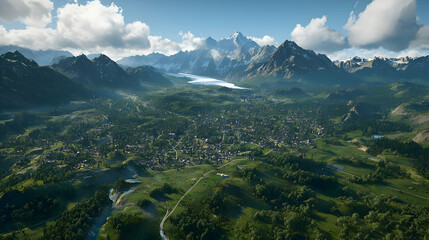 Fototapeta premium Aerial View Of Lush Green Valley With Mountainous Background