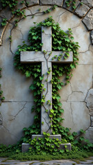 A vintage Christian cross with ivy growing around it.