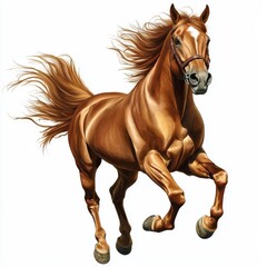 Majestic chestnut horse galloping with flowing mane and powerful legs in vibrant action on a white background
