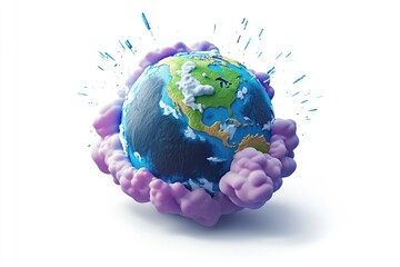 Stylized 3D Earth model surrounded by fluffy purple clouds and blue particles, depicting a vibrant and imaginative planet.