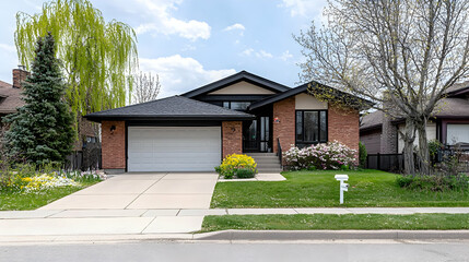 Modern Brick House Exterior With Spring Flowers
