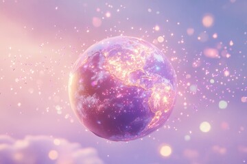 A glowing, ethereal Earth surrounded by sparkling particles, representing global connectivity and digital technology.