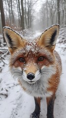 Obraz premium Close up fox face surrounded by snowy forest high resolution picture