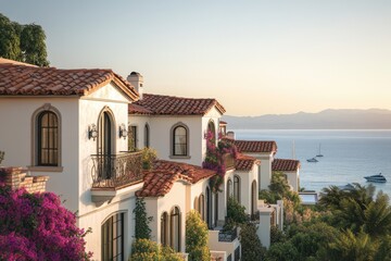 Fototapeta premium Mediterranean-style homes with terracotta roofs overlook a tranquil ocean at sunset.