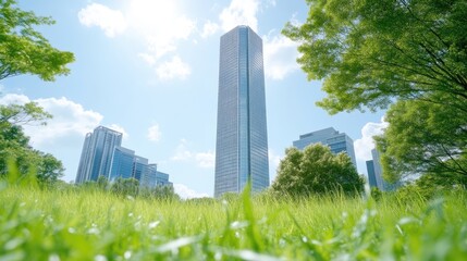 Fototapeta premium A towering modern skyscraper viewed from a low angle through lush green grass and trees, sunny day with clear blue sky, and urban nature contrast.
