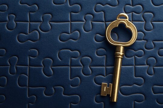 Navy blue background, golden key unlocking a puzzle piece, concept of solution, breakthrough, and smart strategy 