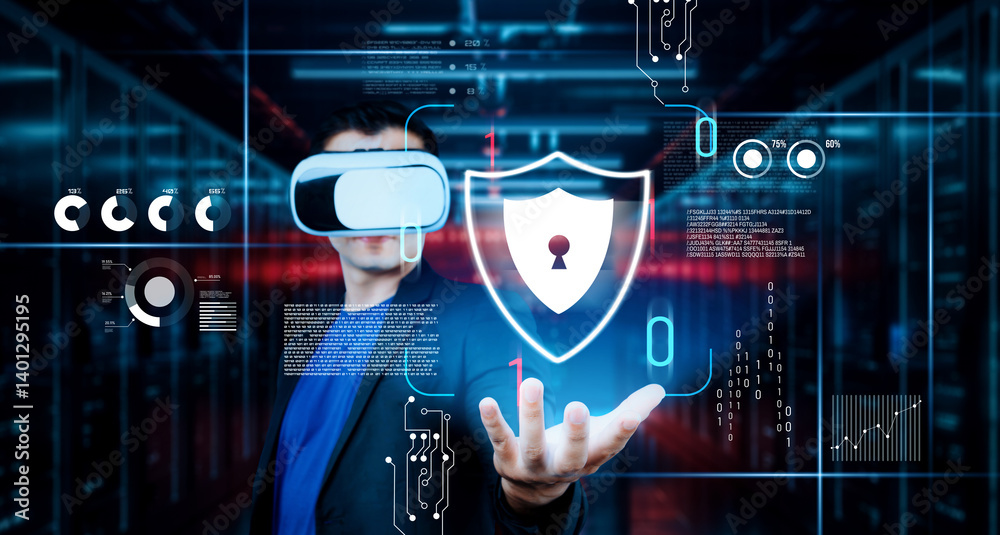 Poster business man holding at security system hologram and standing at data center. skilled project manage