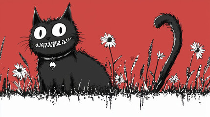 Scary cat, A whimsical black cat grins amidst flowers against a vibrant red background.