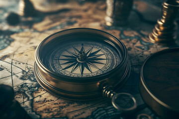 Vintage compass resting on a map with symbols of exploration and direction